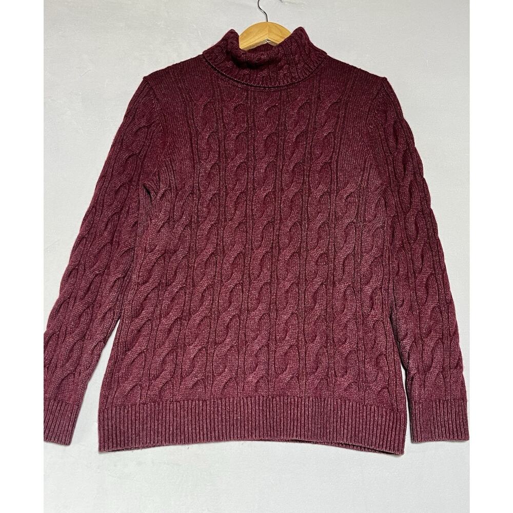 LL Bean Wool Blend Cable Knit Sweater Womens XL Purple Burgundy Turtleneck